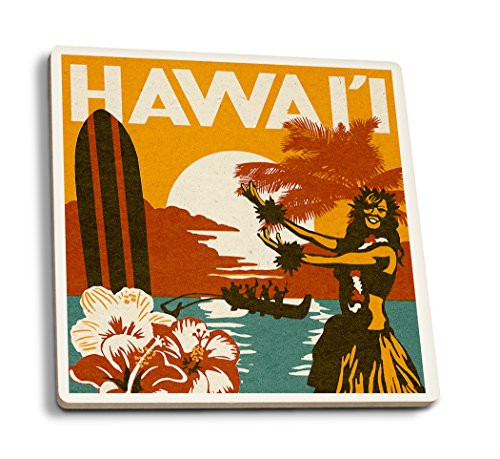 Lantern Press Hawai i - Woodblock  Set of 4 Ceramic Coasters - Cork-Backed  Absorbent
