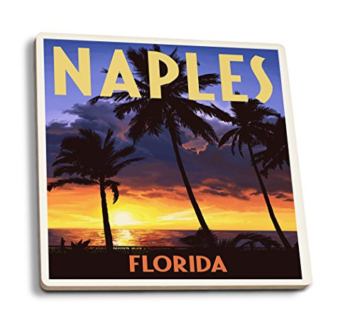 Lantern Press Naples  Florida - Palms and Sunset  Set of 4 Ceramic Coasters - Cork-Backed  Absorbent