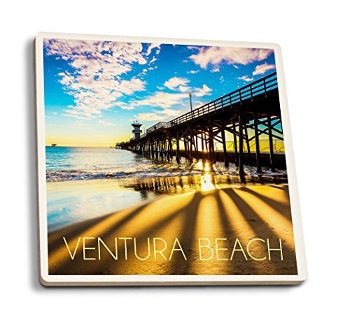 Lantern Press Ventura Beach  California - Seal Beach Pier at Sunset  Set of 4 Ceramic Coasters - Cork-Backed  Absorbent