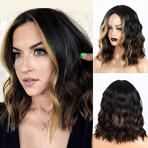 Nnzes Short Bob Wavy Curly Wig Synthetic Ombre Brown Bob Wig Shoulder Length Hair for Black Women Middle Part Heat Resistant Hair