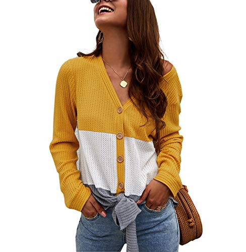Women s Button Down Knit Cardigans Tie Knot Color Block Tops V Neck Tunic Blouse