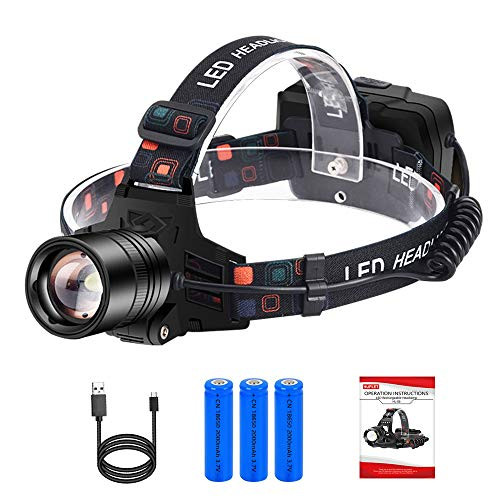 Headlamp Flashlight USB Rechargeable Led Head Lamp High 3000 Lumen Work Headlight  IP65 Waterproof Zoomable Headlamp with 18650 Battery  and  Adjustable Headband  Head Torch for Camping  Hiking  Outdoors