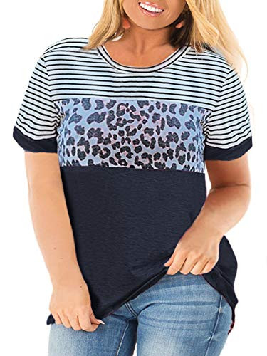 ROSRISS Womens Plus Size Shirts Color Block Striped Leopard Color Block Tunics Tops Navy Blue 20W