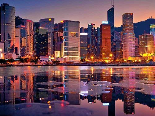 500 Piece Wooden Jigsaw Puzzle Hong Kong Reflected in The Bay at Sunset Large Puzzle Game for Adults and Teenagers