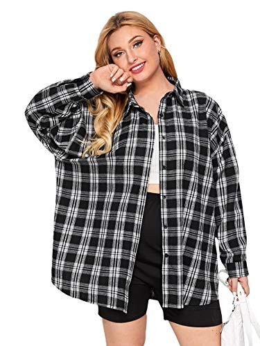 SOLY HUX Women s Plus Size Long Sleeve Collar Button Down Plaid Shirt Tops Blouse Black 1XL