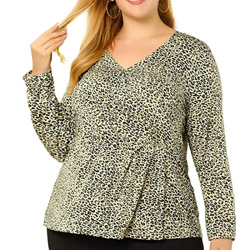Agnes Orinda Women s Plus Size Top Leopard Printed V Neck Peplum Casual Blouse 3X Beige