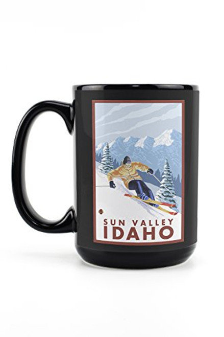 Lantern Press Sun Valley  Idaho - Downhill Snow Skier  15oz Black Ceramic Mug - Dishwasher and Microwave Safe