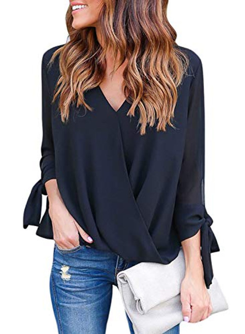 HOTAPEI Womens Shirts and Blouses for Work 3 4 Long Sleeve Casual Summer Tie Sleeve Draped Wrap V Neck Black Chiffon Blouses for Women Fashion 2020 Loose Fit Plus Size Tops XXL