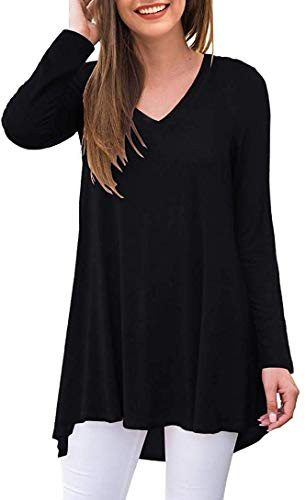 POPYOUNG Women s Fall Long Sleeve Tunic Tops for Leggings V-Neck Casual Blouse T-Shirt L  Black