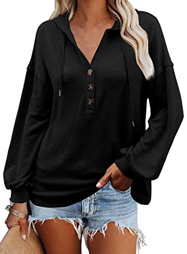 VICHYIE Womens Plus Size Hoodies Long Sleeve Tunic Top Button Down V Neck Loose Casual Drawstring Henley Shirt Pullover Sweatshirt Blouses Black XL