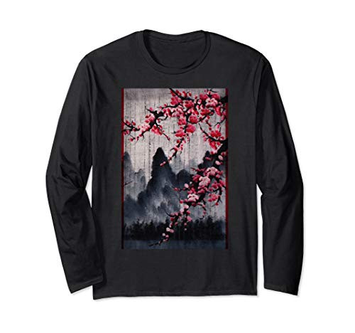 Vintage Cherry Blossom Woodblock Tee Japanese Graphical Art Long Sleeve T-Shirt