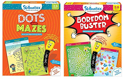Skillmatics - Boredom Buster  plus Dots and Mazes Bundle  Ages 3-6    12 Erasable and Reusable Activity Mats   2 Travel Toys with Dry Erase Markers   Learning Tool for Kids 3  4  5  6  Years
