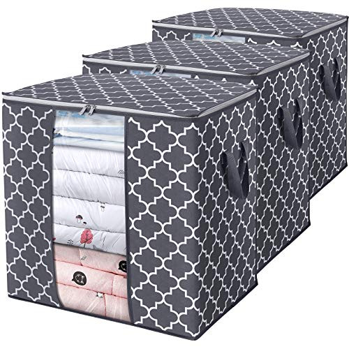 WISELIFE Storage Bags 100L 3-Pack Large Blanket Clothes Organization and Storage Containers for Comforters Bedding  Foldable Organizer with Reinforced Handle  Clear Window  Sturdy Zippers Gray