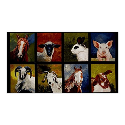 Veedaf 24 inch Fabric Panel - Robert Kaufman Down on Farm Animal Blocks Horse Sheep Pig