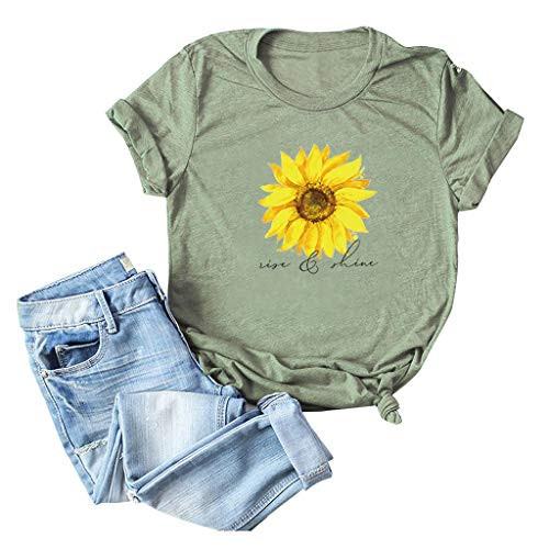 YUehswet Womens Short Sleeve Tops Womens Loose T-Shirts Casual Letter Print Plus Size Cotton Top O-Neck Short Sleeve Blouse Army Green