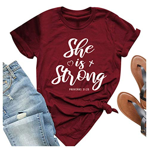 Eoeth Women s She is Strong T-Shirts Casual Loose Short Sleeve Shirts Fashion Summer O-Neck Blouse Top Pullover Tracksuits Wine