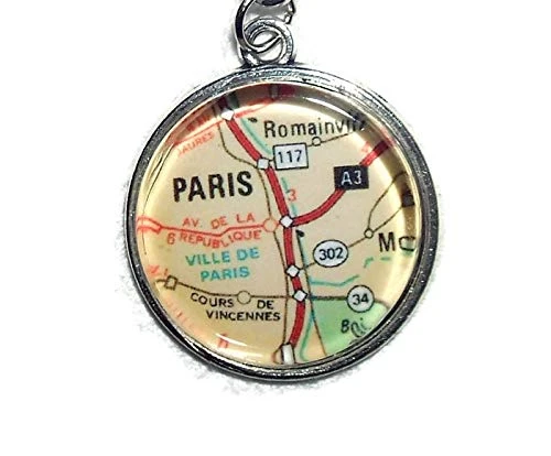 MAP OF PARIS FRANCE Charm Pendant TRAVEL ART Silver Pltd GLASS Covered
