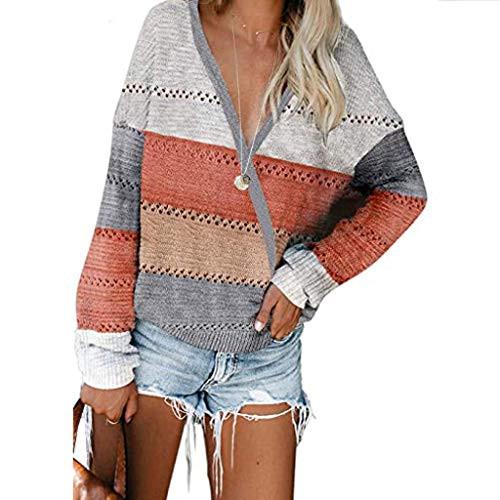 Vanankni Women s Casual V Neck Color Block Sweater Long Sleeve Loose Button Pullover Knit Jumper