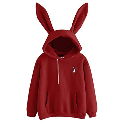Womens Rabbit Ears Tops Long Sleeve Rabbit Hoodie Sweatshirt Ladies Loose Casual Pullover Tops Blouse with Pocket Wine