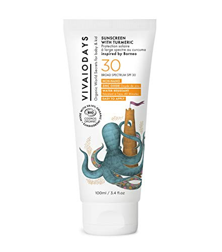 VIVAIODAYS Organic Turmeric Broad Spectrum Sunscreen SPF 30 for Babies  and  Adults  3.4 oz   100 ml