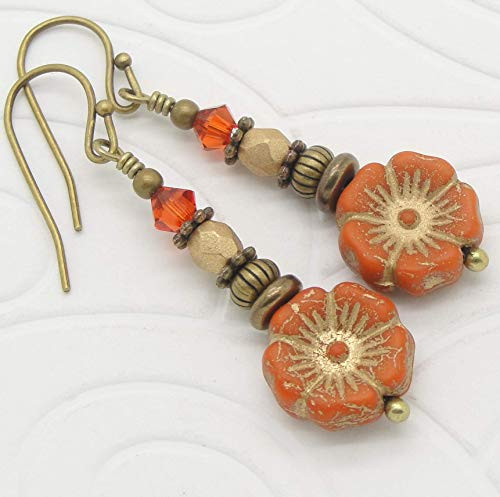 Burnt Orange Earrings with Rustic Glass Flower Burnt Orange Earrings with Rustic Glass Flower