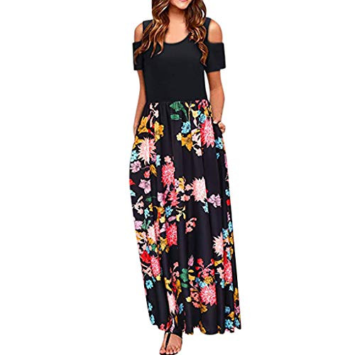 Sayhi Short Sleeve Off Shoulder Print Beach Dress Pocket Maxi Dress Women  Cold Shoulder Sleeve Casual Sundress Black XL Sayhi Short Sleeve Off Shoulder Print Beach Dress Pocket Maxi Dress Women  Cold Shoulder Sleeve Casual Sundress Black XL
