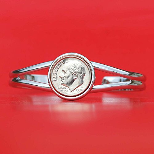 US 1994 Roosevelt Dime 10 Cent Gem BU Uncirculated Coin Silver Plated Cuff Bangle Bracelet NEW