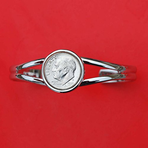 US 1996 Roosevelt Dime 10 Cent Gem BU Uncirculated Coin Silver Plated Cuff Bangle Bracelet NEW