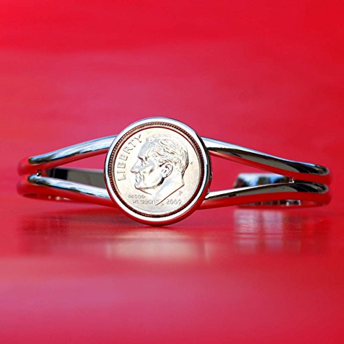 US 2009 Roosevelt Dime 10 Cent Gem BU Uncirculated Coin Silver Plated Cuff Bangle Bracelet NEW