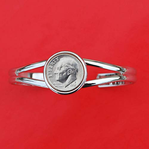US 1992 Roosevelt Dime 10 Cent Gem BU Uncirculated Coin Silver Plated Cuff Bangle Bracelet NEW