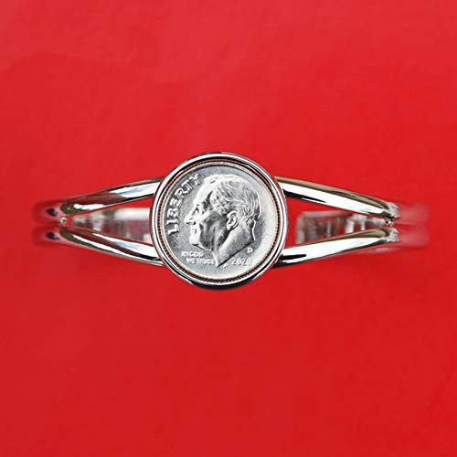 US 2020 Roosevelt Dime 10 Cent Gem BU Uncirculated Coin Silver Plated Cuff Bangle Bracelet NEW