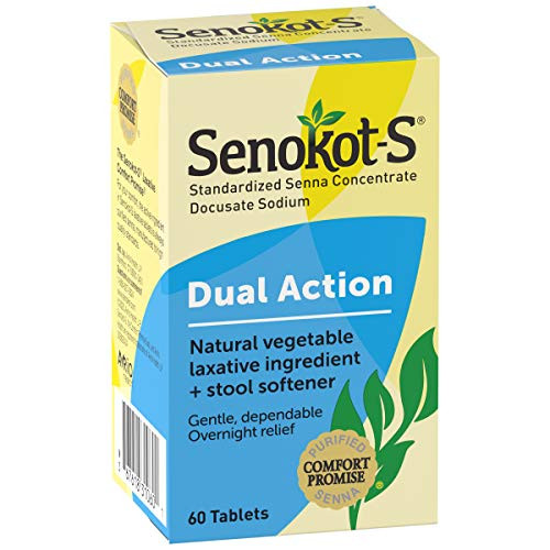Senokot-S Dual Action 60 Tablets  Natural Vegetable Laxative Ingredient Plus Stool Softener Tablets  Gentle Dependable Overnight Relief of Occasional constipation