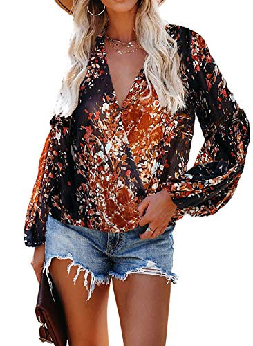 AlvaQ Women V Neck Chiffon Blouses Casaul Balloon Sleeve Floral Print Shirts Tops Plus Size Blue 2X