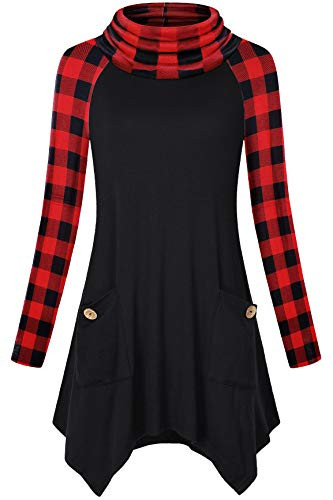Red Plaid Shirt Women  Hibelle Women s Cowl Neck Pullover Tunic Top Christmas Holiday Sweaters Handkerchief Hem Color Block Long Sleeve Blouse for Work Knitwear X-Large