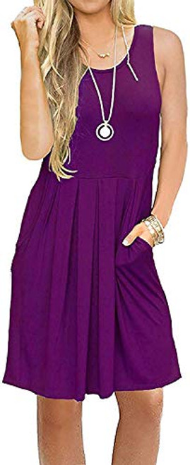 TODOLOR Women Casual Pleated Swing Pocket Loose Sleeveless Sundresses Knee Length Summer Tank Dress Purple L