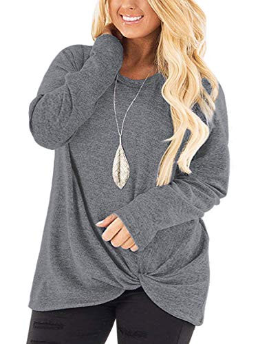 Womens Plus Size Tops Knotted Long Sleeve T Shirts Autumn Blouses Light Grey-14W