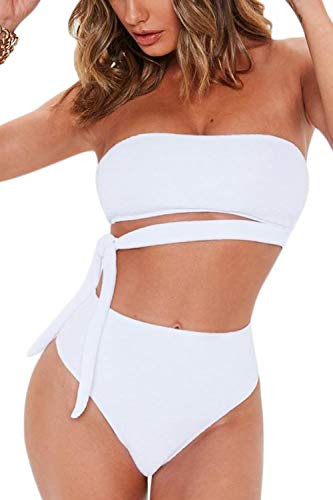 FAFOFA Women s Two Pieces Bathing Suit Plus Size Bandeau Strappy Tie High Waisted Bikini Set Beachwear XL White