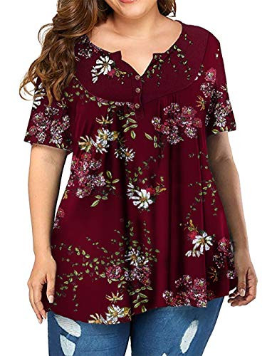 POSESHE Women s Plus Size Henley V Neck Button up Tunic Tops Casual Short Sleeve Blouse Shirts  3X-Large  Flower Wine Red