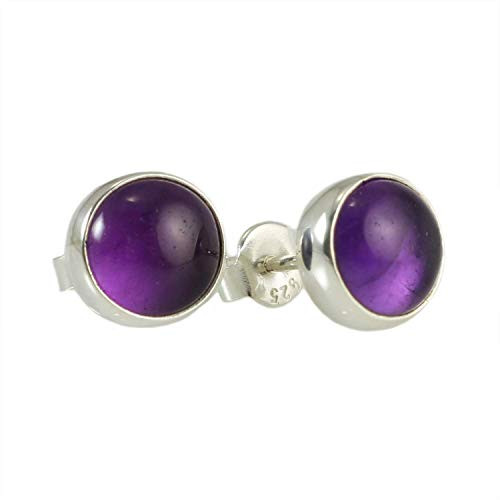 Sterling Silver 925 Natural Round Purple Amethyst Birthstone Stud Earrings - Elegant Gift Box