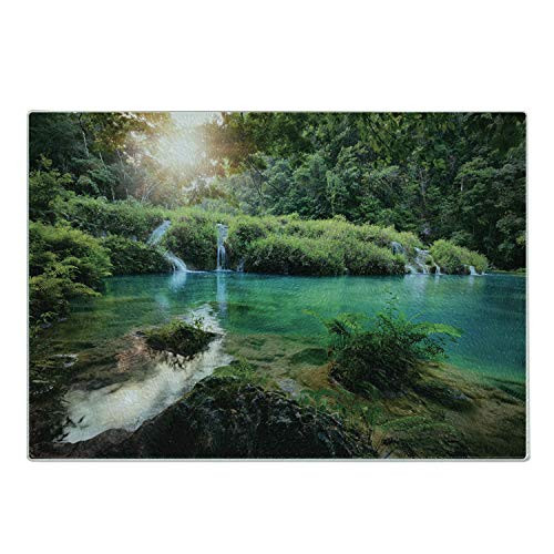 Ambesonne Lake Forest Cutting Board  Guatemala Evergreen Forest and Pure Lake Scenery Meditation Sunrise  Decorative Tempered Glass Cutting and Serving Board  Small Size  Multicolor