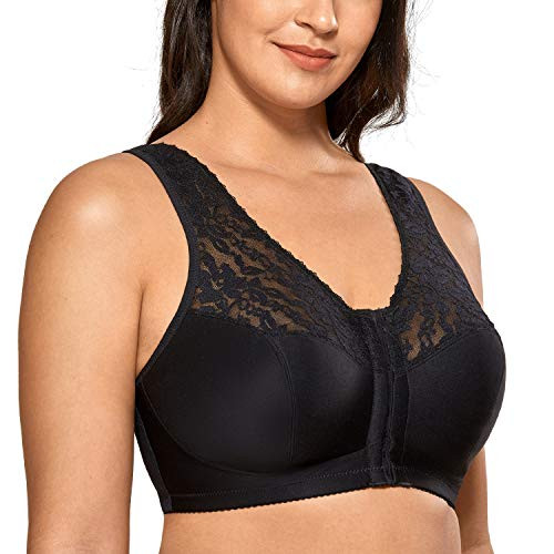 DELIMIRA Women s Full Coverage Wirefree Lace Plus Size Front Closure Bra Racerback Black 44D