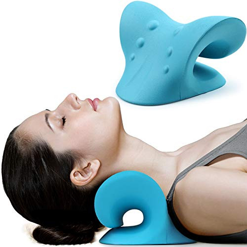 Neck and Shoulder Relaxer  Cervical Traction Device for TMJ Pain Relief and Cervical Spine Alignment  Chiropractic Pillow Neck Stretcher Blue