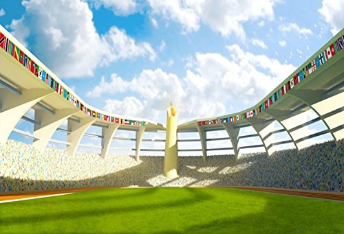 Baocicco 7x5ft Olympic Stadium Backdrop Vinyl Photography Background Grass Field Green Grass Sunshine Blue Sky White Clouds Sports Match Children Kids Adults Portrait Photo Studio