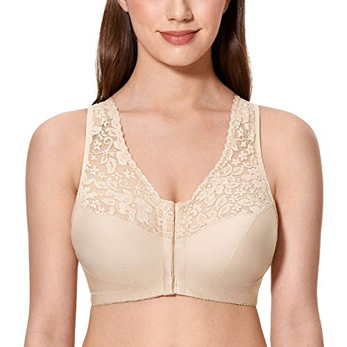 CALVENA Women s Front Closure Bra Full Coverage Wirefree Lace Plus Size Bra Racerback Beige 44DD