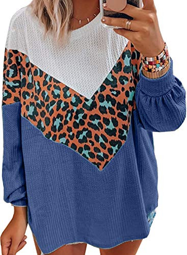 Women s Pullover Sweatshirt Long Sleeve Casual Leopard Color Block Tunic Comfy Round Neck Loose Tops Blue M