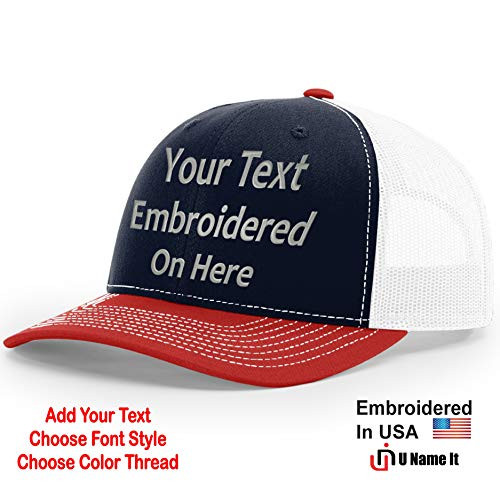 Custom Richardson 112 Hat with Your Text Embroidered Trucker Mesh Snapback Cap  Adjustable Snapback Tri-Color Colorway  Navy White Red