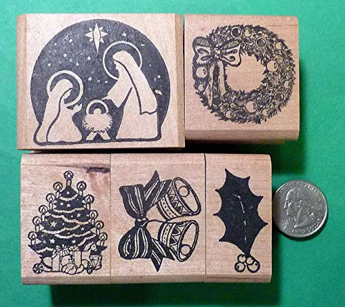 Christmas Rubber Stamp Set  5 pcs  Wood Mounted - Rubber Stamp Wood Carving Blocks