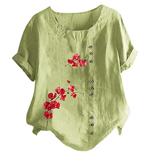 Meikosks Floral Print Blouse Womens Plus Size Cotton and Linen Top Short Sleeve O-Neck T Shirt Green