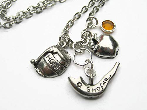 Personalized Rosh Hashanah Necklace  Pewter Shofar Horn Jewelry  Jewish New Year  Apple Honey Charm