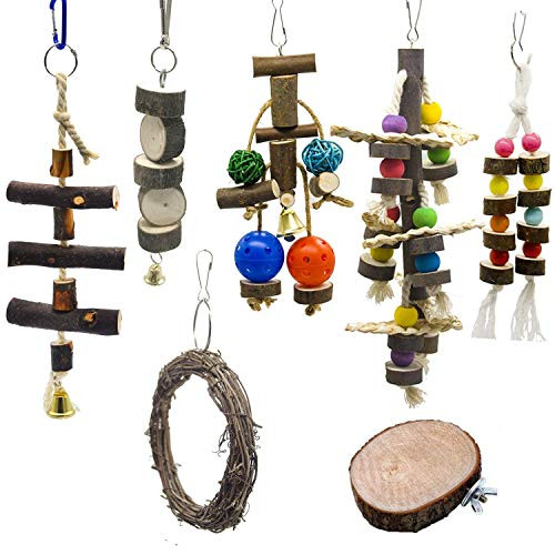 Fauge 7 Packs Bird Parrot Swing Chewing Toys Natural Wood Blocks Parrot Tearing Cage Toys Best for Finch Budgie Parakeets